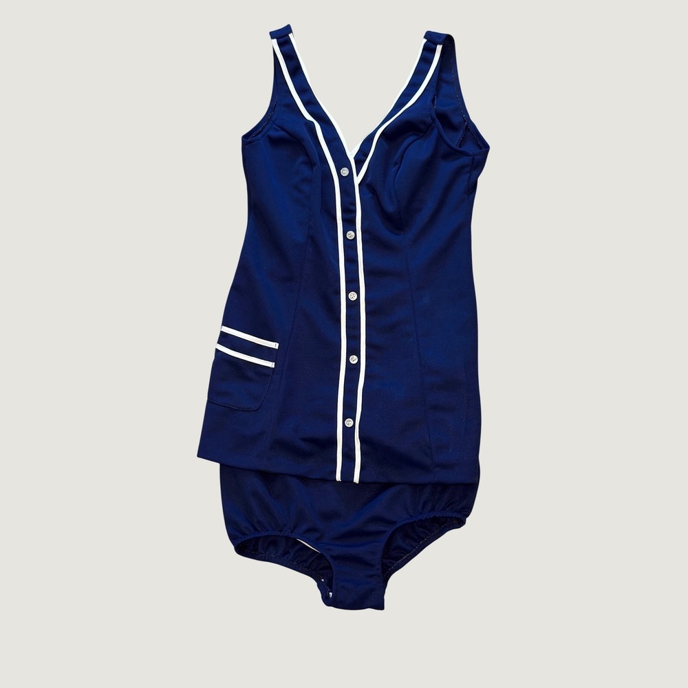 Vintage 1960s Sears Navy Blue White Pinup Swimsuit Swim Dress
